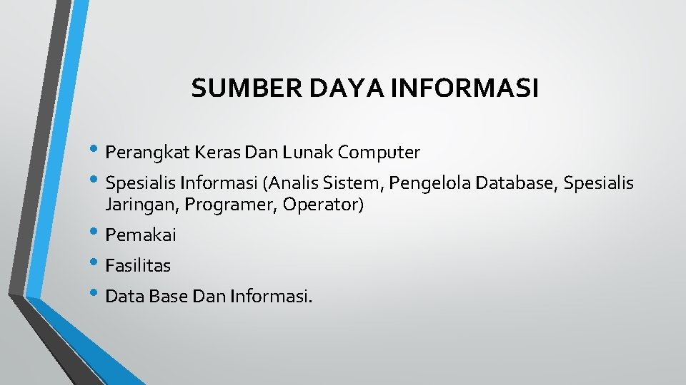 SUMBER DAYA INFORMASI • Perangkat Keras Dan Lunak Computer • Spesialis Informasi (Analis Sistem,