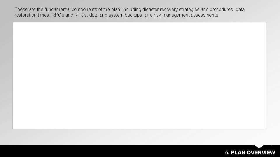 These are the fundamental components of the plan, including disaster recovery strategies and procedures,