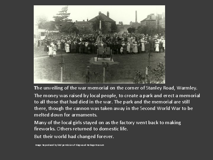 The unveiling of the war memorial on the corner of Stanley Road, Warmley. The