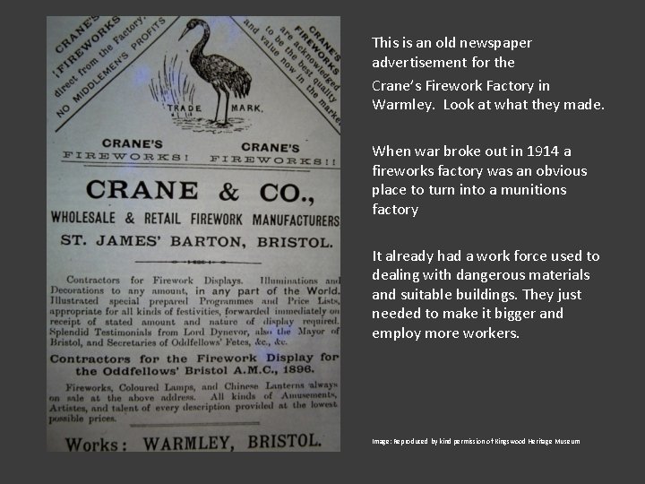 This is an old newspaper advertisement for the Crane’s Firework Factory in Warmley. Look