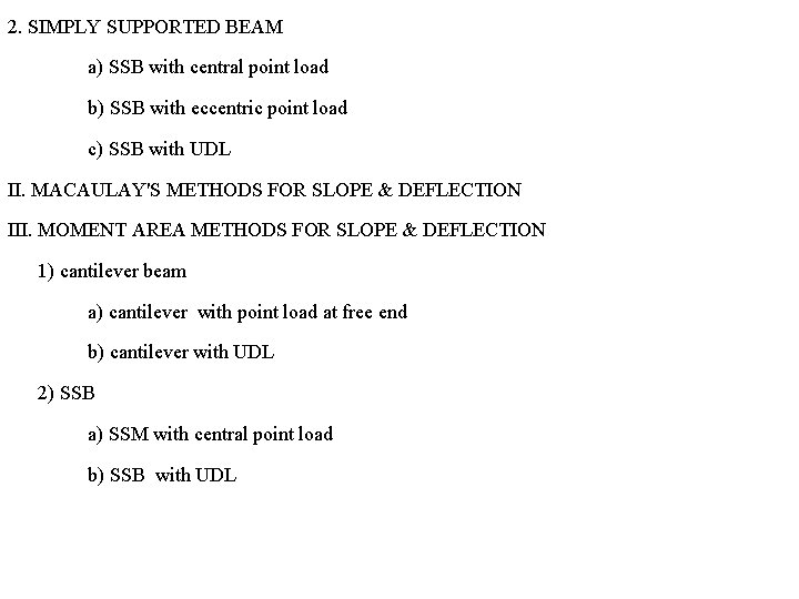 2. SIMPLY SUPPORTED BEAM a) SSB with central point load b) SSB with eccentric