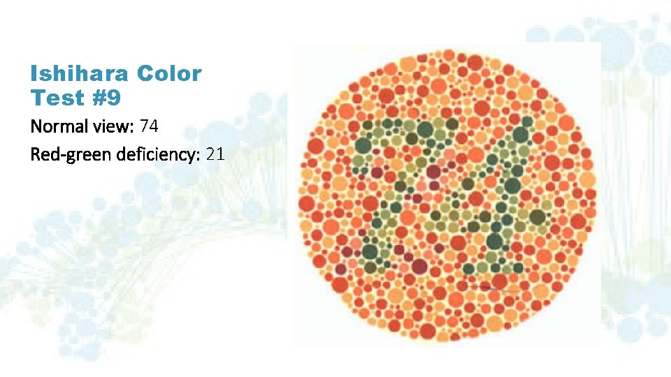 Ishihara Color Test #9 Normal view: 74 Red-green deficiency: 21 