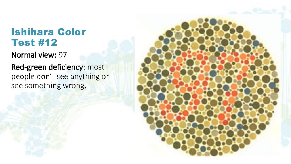 Ishihara Color Test #12 Normal view: 97 Red-green deficiency: most people don’t see anything