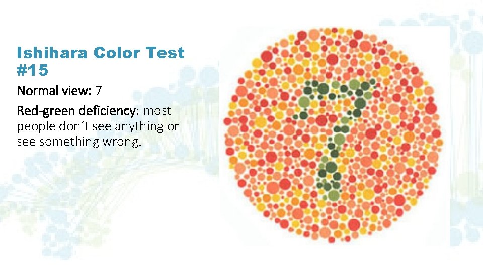 Ishihara Color Test #15 Normal view: 7 Red-green deficiency: most people don’t see anything