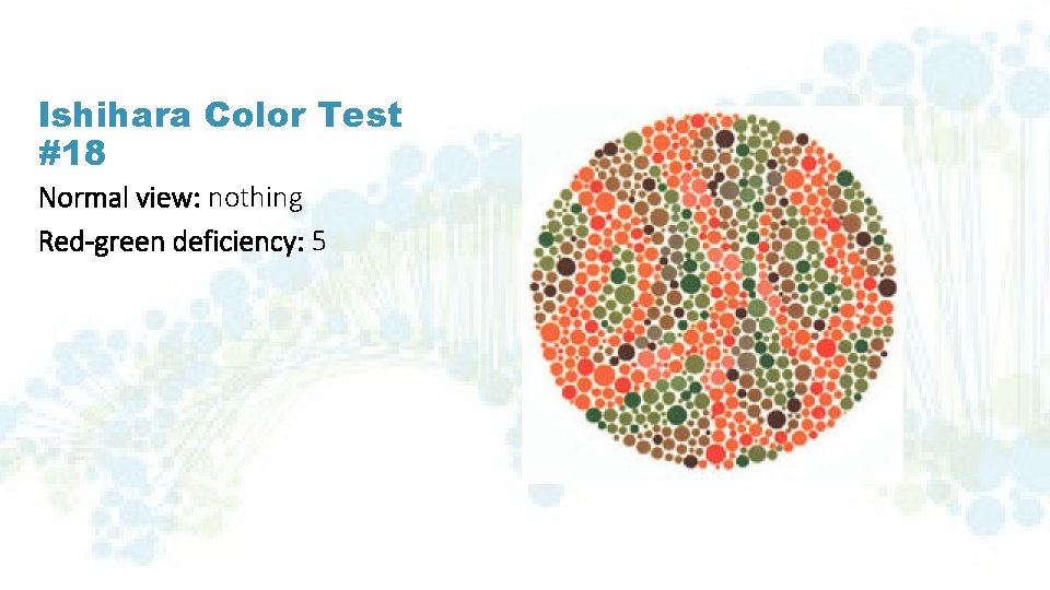 Ishihara Color Test #18 Normal view: nothing Red-green deficiency: 5 