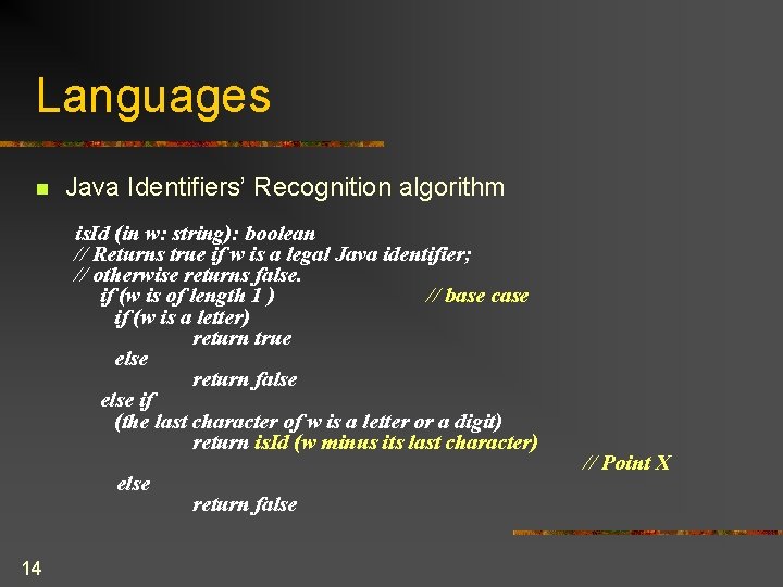 Languages n Java Identifiers’ Recognition algorithm is. Id (in w: string): boolean // Returns Languages n Java Identifiers’ Recognition algorithm is. Id (in w: string): boolean // Returns