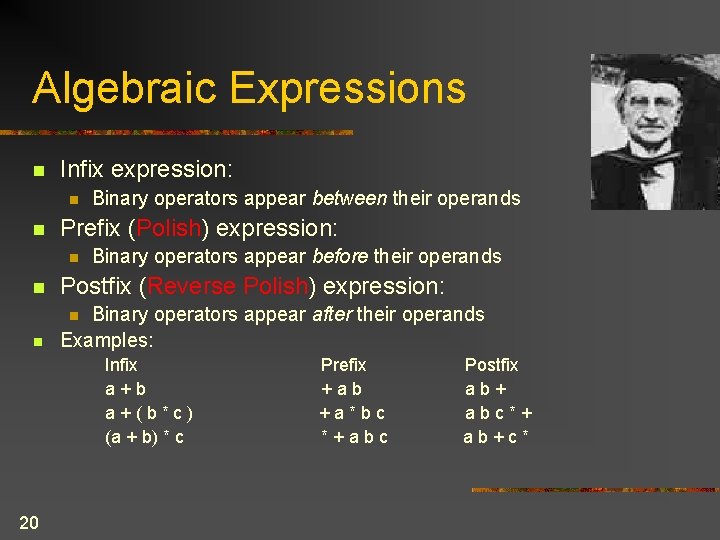 Algebraic Expressions n Infix expression: n n Binary operators appear between their operands Prefix Algebraic Expressions n Infix expression: n n Binary operators appear between their operands Prefix