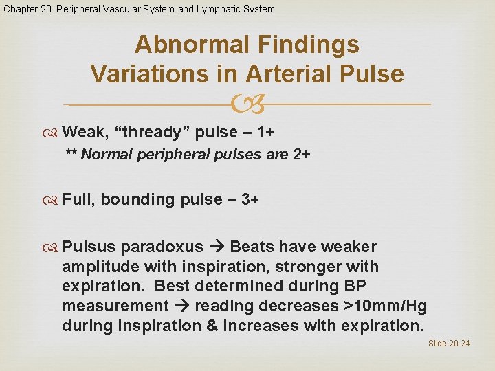 Chapter 20: Peripheral Vascular System and Lymphatic System Abnormal Findings Variations in Arterial Pulse