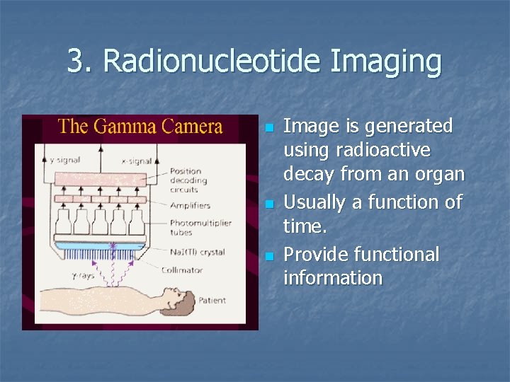 3. Radionucleotide Imaging n n n Image is generated using radioactive decay from an