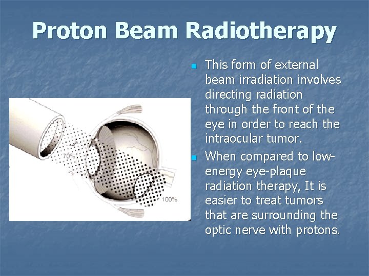 Proton Beam Radiotherapy n n This form of external beam irradiation involves directing radiation