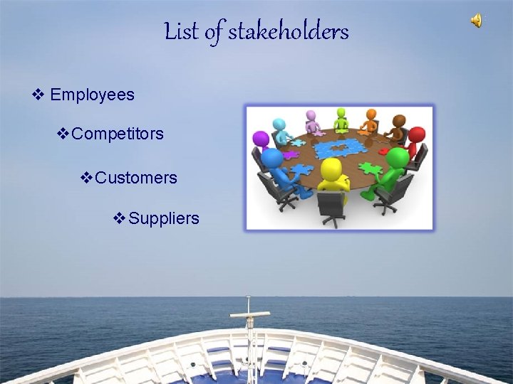 List of stakeholders v Employees v. Competitors v. Customers v. Suppliers 