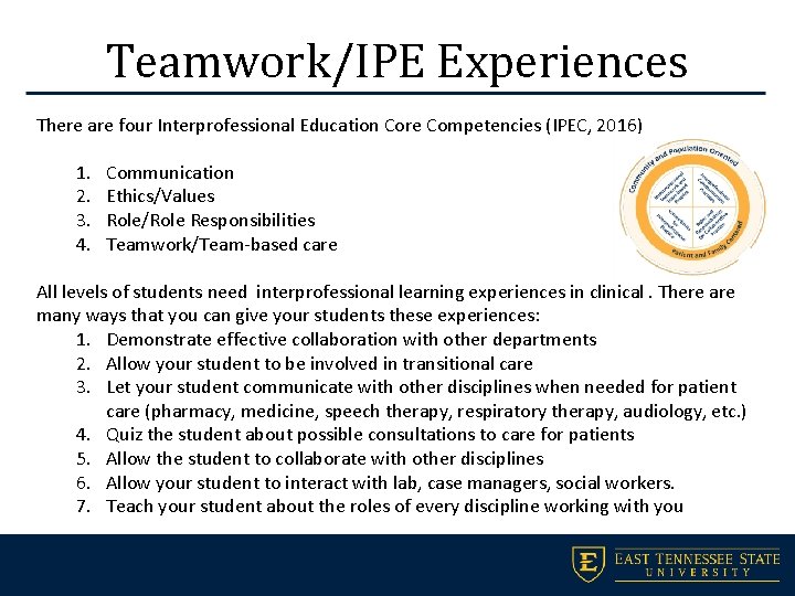 Teamwork/IPE Experiences There are four Interprofessional Education Core Competencies (IPEC, 2016) 1. 2. 3.