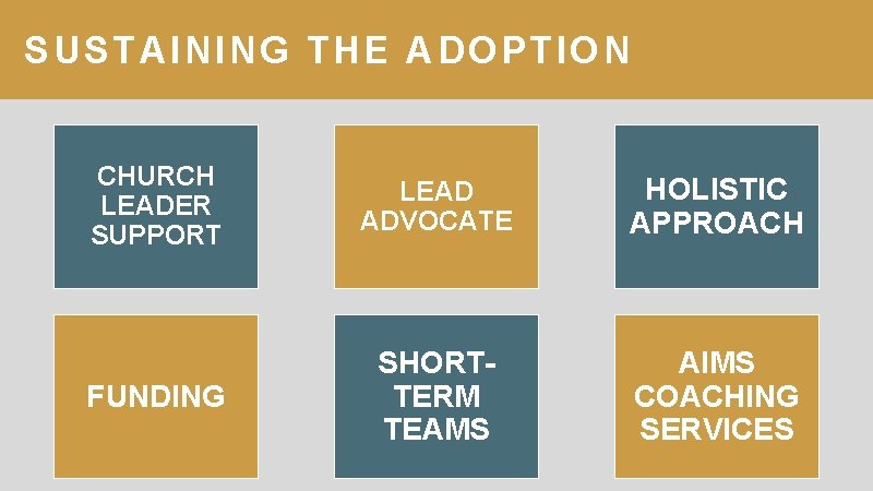 SUSTAINING THE ADOPTION CHURCH LEADER SUPPORT LEAD ADVOCATE HOLISTIC APPROACH FUNDING SHORTTERM TEAMS AIMS