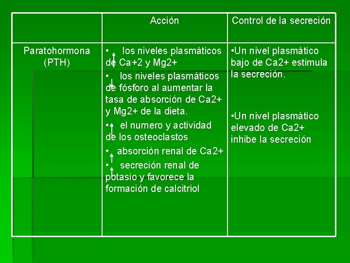 Paratohormona (PTH) Acción Control de la secreción • los niveles plasmáticos de Ca+2 y