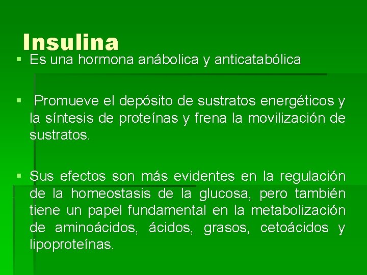 Insulina § Es una hormona anábolica y anticatabólica § Promueve el depósito de sustratos