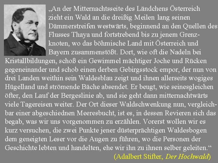 „An der Mitternachtsseite des Ländchens Österreich zieht ein Wald an die dreißig Meilen lang „An der Mitternachtsseite des Ländchens Österreich zieht ein Wald an die dreißig Meilen lang