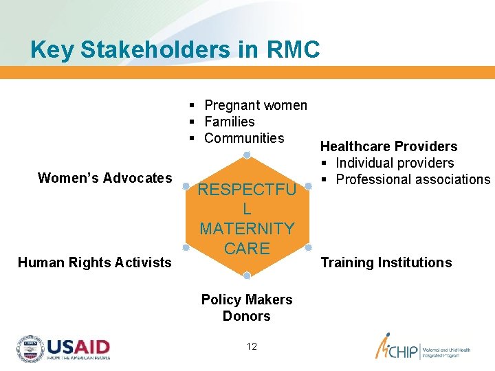 Key Stakeholders in RMC § Pregnant women § Families § Communities Women’s Advocates Human