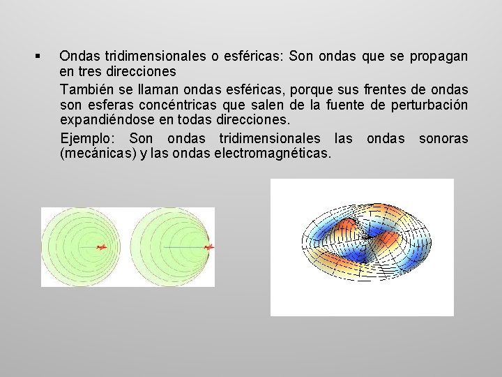 § Ondas tridimensionales o esféricas: Son ondas que se propagan en tres direcciones También