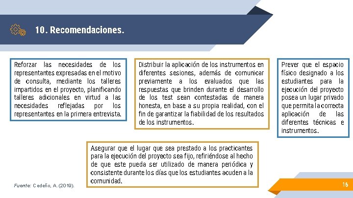 10. Recomendaciones. Reforzar las necesidades de los representantes expresadas en el motivo de consulta,