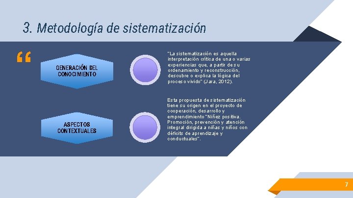 3. Metodología de sistematización “ GENERACIÓN DEL CONOCIMIENTO ASPECTOS CONTEXTUALES “La sistematización es aquella