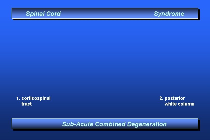 Spinal Cord 1. corticospinal tract Syndrome 2. posterior white column Sub-Acute Combined Degeneration 