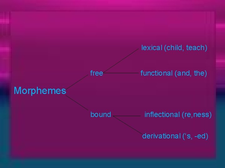 lexical (child, teach) free functional (and, the) Morphemes bound inflectional (re, ness) derivational (‘s,