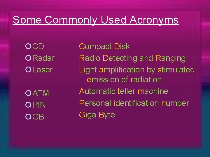 Some Commonly Used Acronyms ¡CD ¡Radar ¡Laser ¡ATM ¡PIN ¡GB Compact Disk Radio Detecting