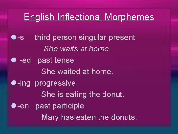 English Inflectional Morphemes l -s third person singular present She waits at home. l
