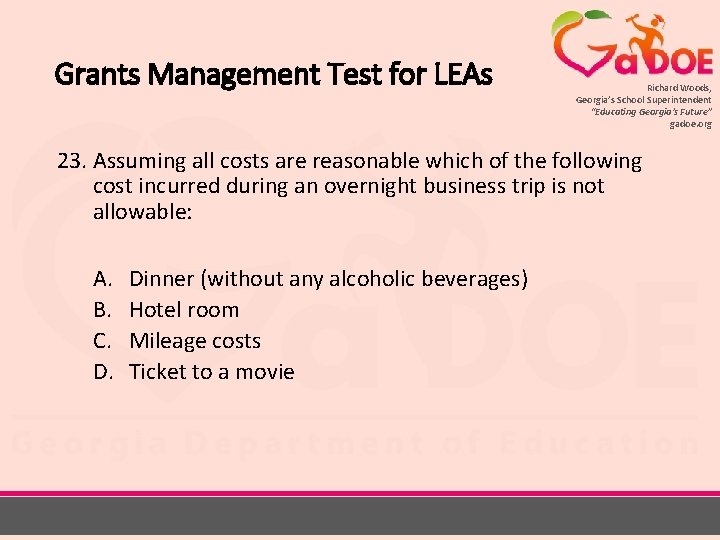 Grants Management Test for LEAs Richard Woods, Georgia’s School Superintendent “Educating Georgia’s Future” gadoe.