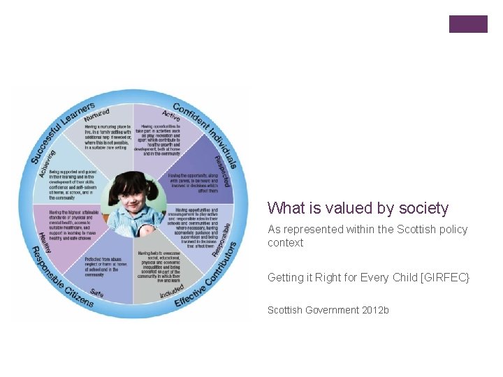 + What is valued by society As represented within the Scottish policy context Getting