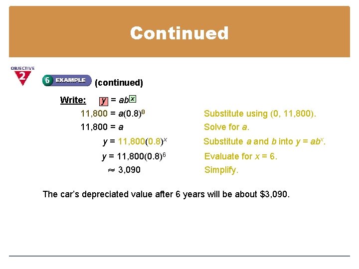 Continued (continued) Write: y = ab x 11, 800 = a(0. 8)0 11, 800