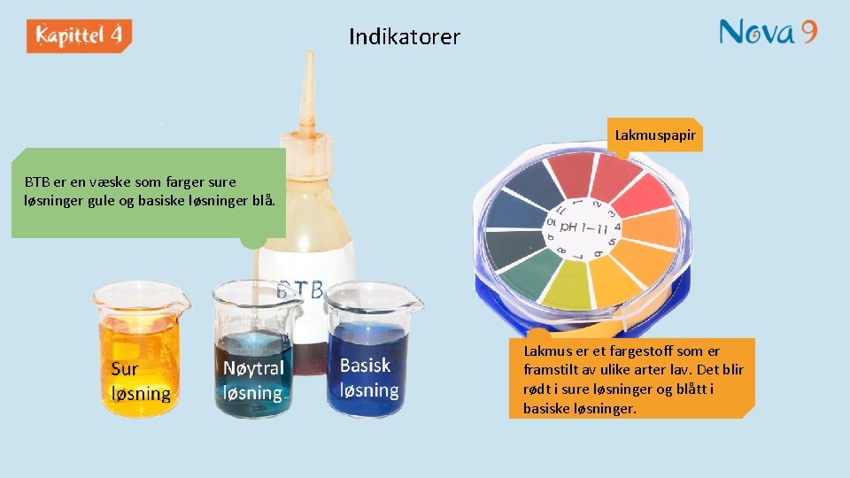 Indikatorer Lakmuspapir BTB er en væske som farger sure løsninger gule og basiske løsninger