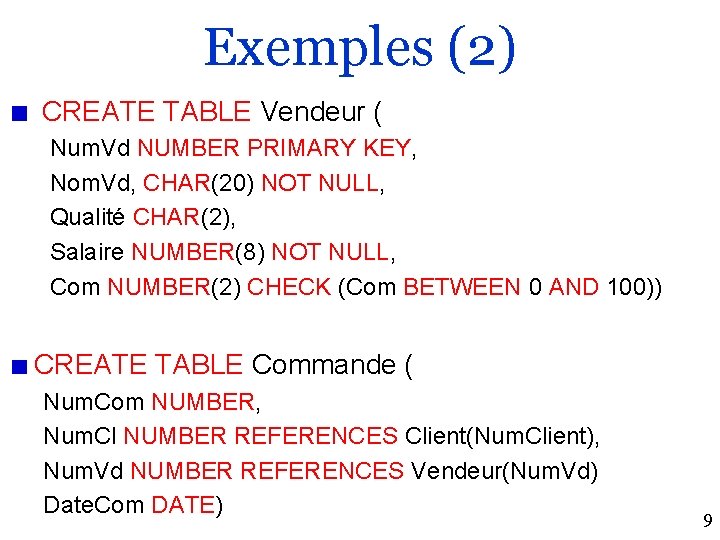 Exemples (2) CREATE TABLE Vendeur ( Num. Vd NUMBER PRIMARY KEY, Nom. Vd, CHAR(20)