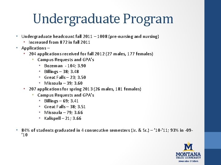 Undergraduate Program • Undergraduate headcount fall 2011 – 1008 (pre-nursing and nursing) • Increased