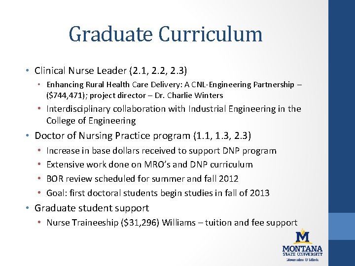 Graduate Curriculum • Clinical Nurse Leader (2. 1, 2. 2, 2. 3) • Enhancing