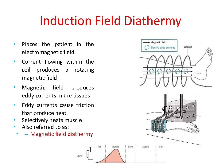 Induction Field Diathermy • Places the patient in the electromagnetic field • Current flowing