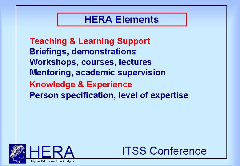 HERA Elements Teaching & Learning Support Briefings, demonstrations Workshops, courses, lectures Mentoring, academic supervision