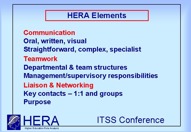 HERA Elements Communication Oral, written, visual Straightforward, complex, specialist Teamwork Departmental & team structures