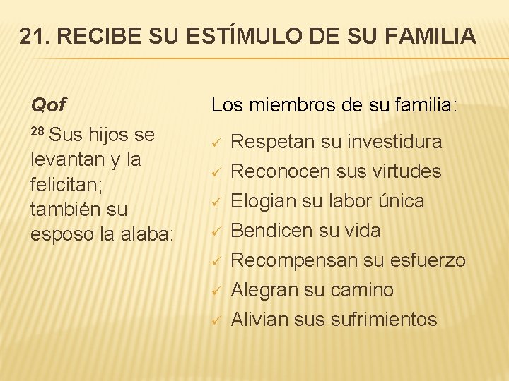 21. RECIBE SU ESTÍMULO DE SU FAMILIA Qof Los miembros de su familia: 28