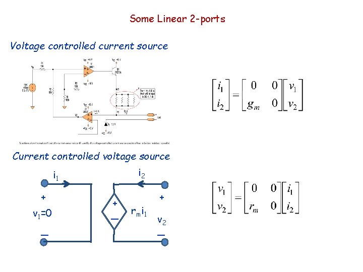 Some Linear 2 -ports Voltage controlled current source i 2 i 1=0 + g