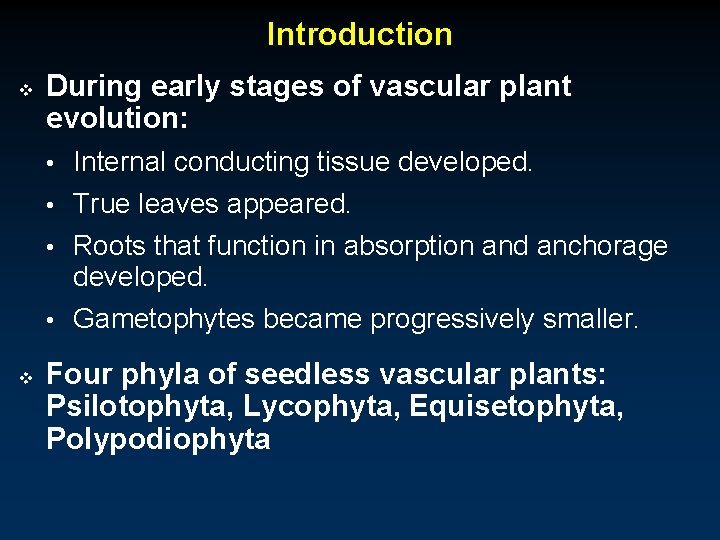 Introduction v During early stages of vascular plant evolution: • Internal conducting tissue developed.