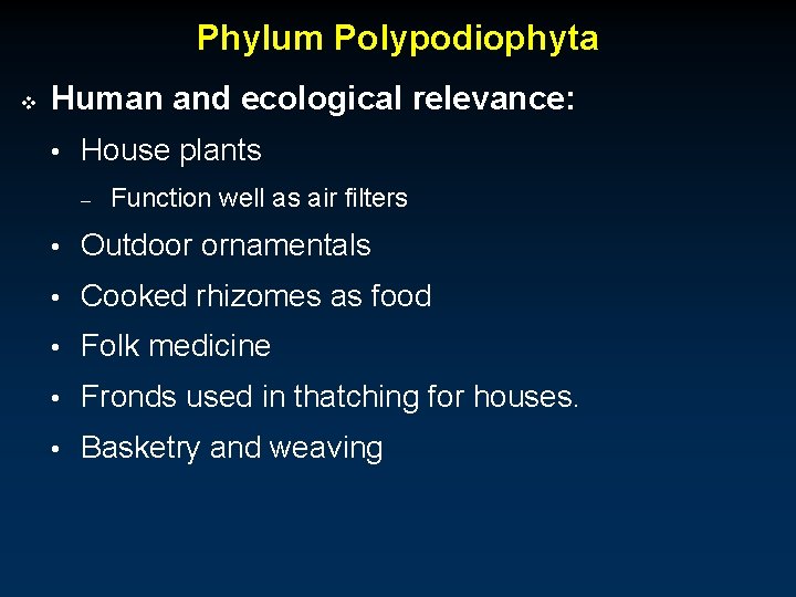 Phylum Polypodiophyta v Human and ecological relevance: • House plants – Function well as