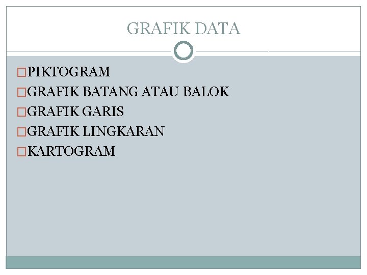 GRAFIK DATA �PIKTOGRAM �GRAFIK BATANG ATAU BALOK �GRAFIK GARIS �GRAFIK LINGKARAN �KARTOGRAM 
