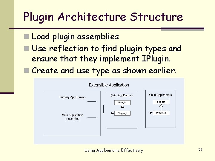 Plugin Architecture Structure n Load plugin assemblies n Use reflection to find plugin types