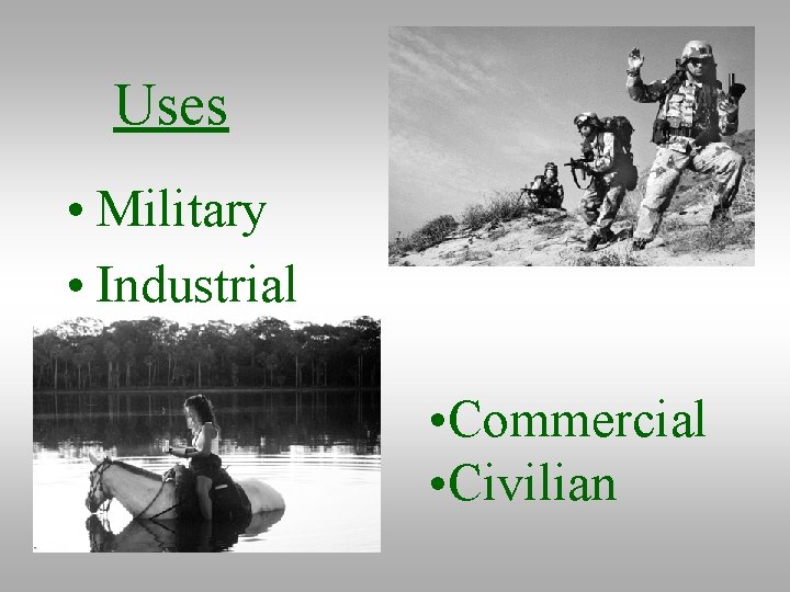 Uses • Military • Industrial • Commercial • Civilian 