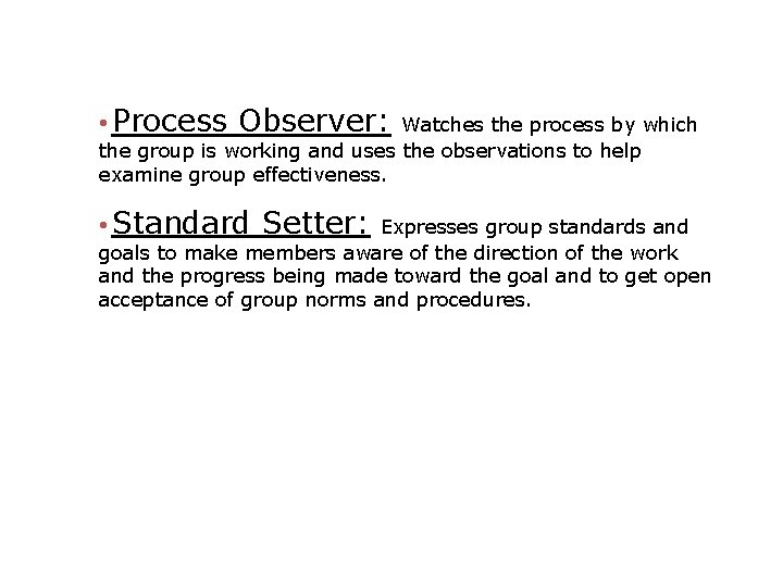  • Process Observer: Watches the process by which the group is working and