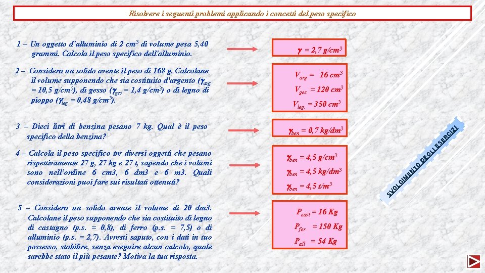 Risolvere i seguenti problemi applicando i concetti del peso specifico = 2, 7 g/cm