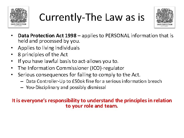 Currently-The Law as is • Data Protection Act 1998 – applies to PERSONAL information