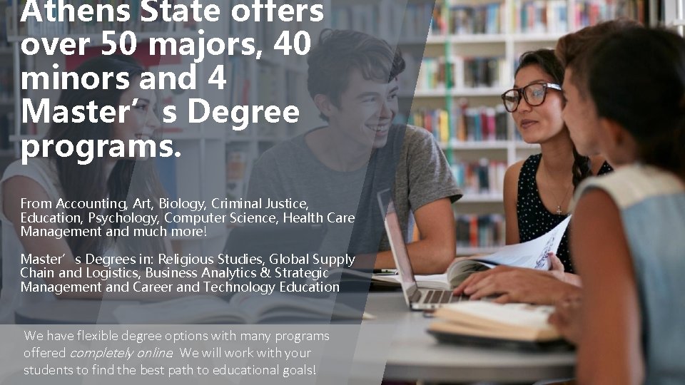 Athens State offers over 50 majors, 40 minors and 4 Master’s Degree programs. From