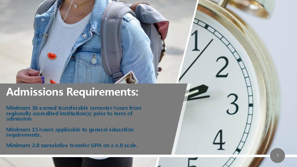 Admissions Requirements: Minimum 36 earned transferable semester hours from regionally accredited institution(s) prior to